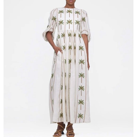 Agua Bendita Raquel Maxi Dress Palm Tree Floral Embroidered Linen Ivory XS - Picture 1 of 16